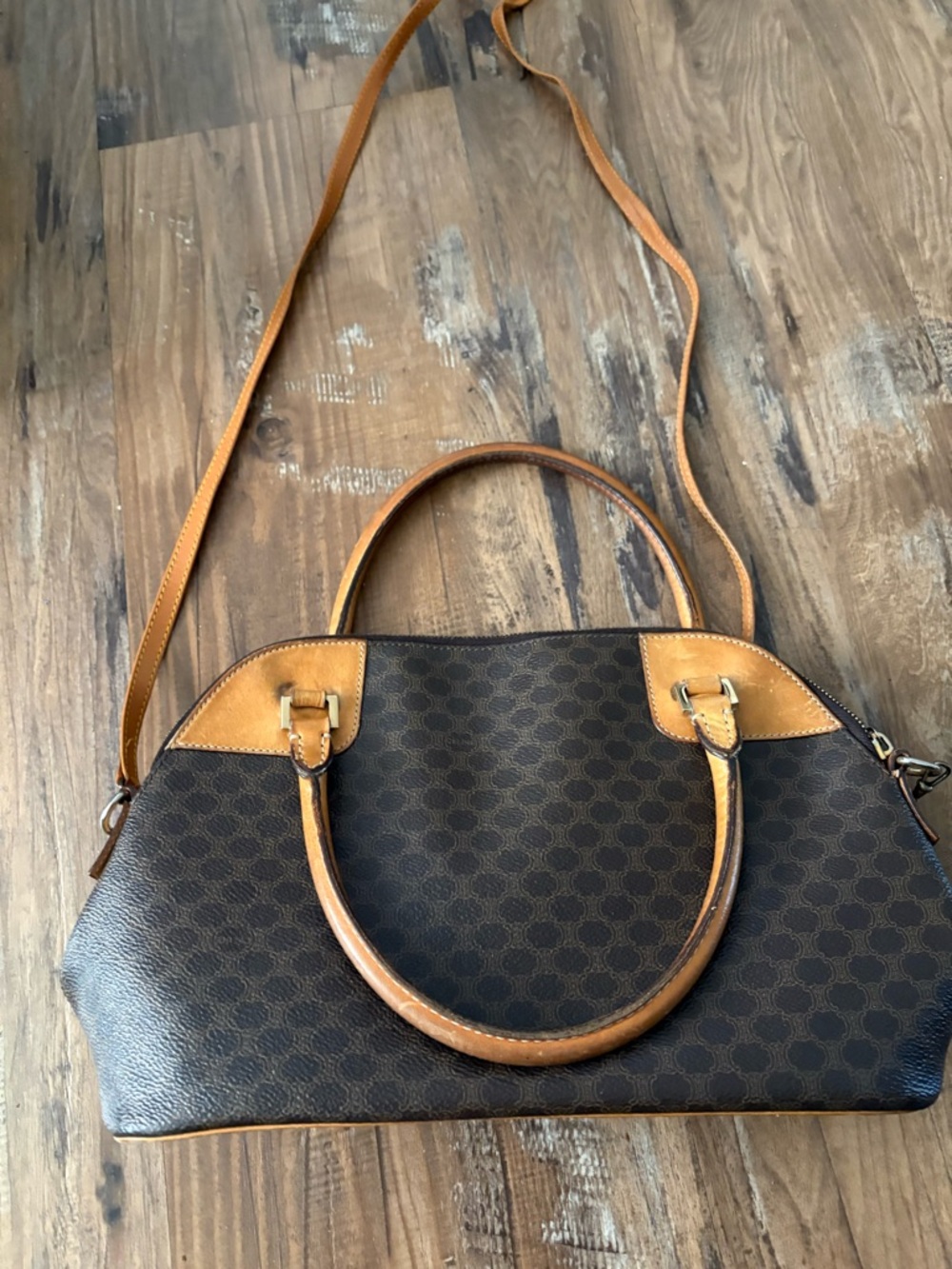 Celine Brown Patterned Crossbody Dome Bag with Tan Leather Trim